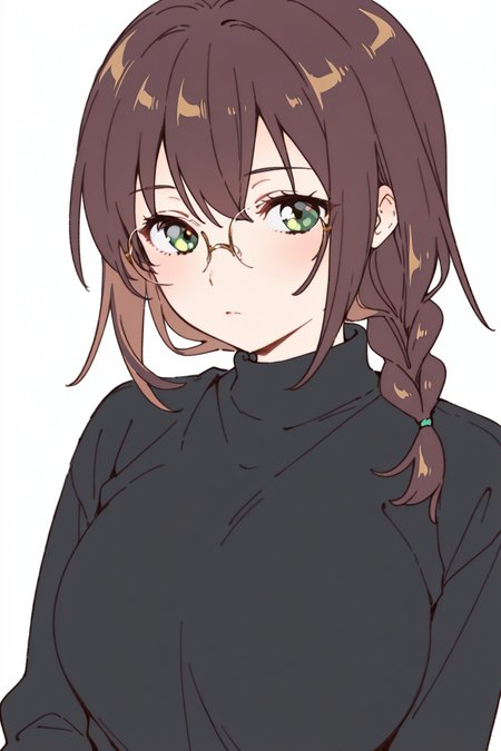 {{amazing quality, best quality, high quality, very aesthetic}}, 1girl, solo, simple background, looking at viewer, brown hair, single braid, bangs, glasses, green eyes, black sweater, turtleneck, large breasts, expressionless
 <lora:Namori_Illustrious:1>