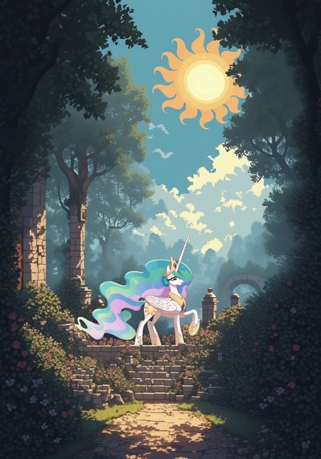 <lora:d3p1x3lXLP:1> d3p1x3l, pixel art, score_9, score_8_up, score_7_up, source_pixel, screencap, solo BREAK (Princess Celestia:1.4), alicorn, wings, equine, feral BREAK outside, park ​scenery, gren nature, spring, plants, flowers, (big sun:1.3), warm sun glow, soft shadows BREAK sharp focus, perfect lighting, extremely detailed, tranquil setting, high detail, serene, Expressiveh, detailed background, OverallDetail, zPDXL3