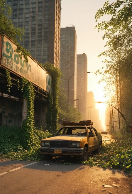 Post-apocalyptic abandoned city overgrown with vegetation, collapsed skyscrapers covered in ivy, broken highways with rusted cars, golden sunset light piercing through toxic fog, lone survivor in scavenger gear walking past a decaying billboard, hyper-realistic textures, cinematic depth of field, photorealistic, 8k, HDR, by Roger Deakins and Naughty Dog art team