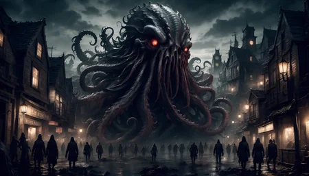 <lora:Dark Fantasy:1> (detailed background, ultra detailed, 8k UHD), Dark Fantasy Page, Kraken in a Zombie-infested Town