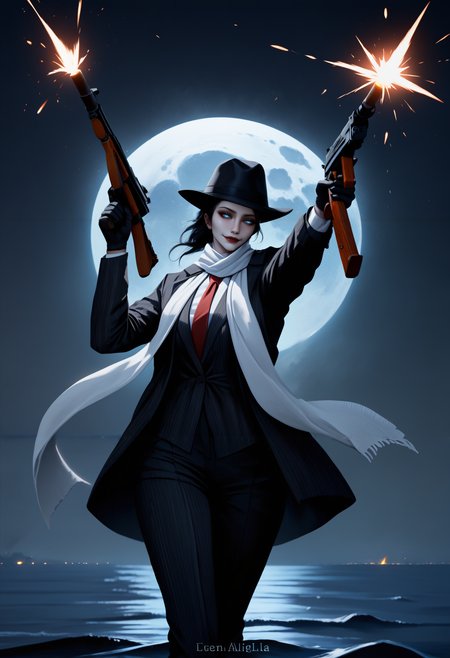 masterpiece, best quality, realistic, photorealistic, newest, hdr, dark, night, outdoors, full moon, moonlight, huge moon, water, 1girl, solo, 
Re0n1, blue eyes, red lips, lipstick, black hair, pale skin,
dual wielding, holding thompson submachine gun, muzzle flash, firing, evil smile, black fedora, black suit, striped suit, white shirt, red tie, black gloves, black pants, white scarf 
<lora:Rennala, Queen of the Full Moon:1>