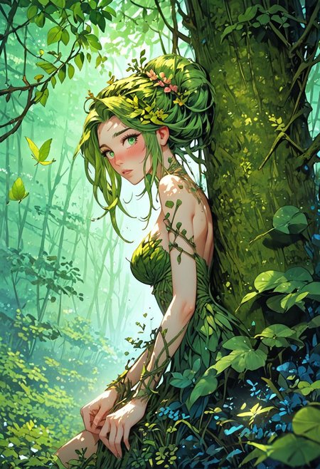 score_9, score_8_up, score_7_up,  1 girl, dryad, slim, petite, plant clothes, plant hair, long straight hair, sitting on a tree, a lot of plants, nature goddes, wooden jewelry, blush, beautiful face, green eyes, dutch angle, pink fingernails, moonlight, forest, green leaves, floating leaves,  <lora:Expressive_H-000001:0.8>, expressiveH   <lora:Fant5yP0ny:0.9> <lora:Pony_DetailV1.0:0.9>