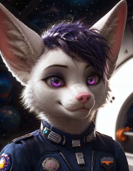 score_9, score_8_up, score_7_up, BREAK rating_safe,  detailed, cinematic lighting, hdr, particles, masterpiece, best quality, ultra realistic, 4k, 2k, film photography, RAW photo, photorealistic, analog style, subsurface scattering, photorealism, fluffy fur, detailed fur, <lora:add-detail-xl:3.0>, <lora:2.5DRealisticV2.safetensors:0.25>, <lora:sinfully_stylish_SDXL.safetensors:1.0>,  <lora:AdvancedEnhancerXLv2.safetensors:1.0>, dutch angle, (space station, space ship, the orbital station, display, detailed background:1.1), <lora:Adra_Tiddles.safetensors:0.9> adra_tiddles, anthro, 1girl, clothing, solo, furry female, furry, mammal, body fur, fur, animal ears, hi res, hair, clothed, short hair, fox, animal nose, black jacket, (smug:1.2), (full face, close up:1.15), closed mouth
