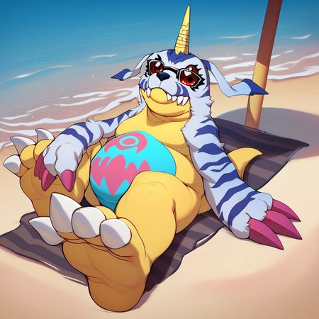 score_9, score_8_up, score_7_up, score_6_up, score_5_up, score_4_up, gabumon, digimon, single horn, claws, red eyes, sharp teeth, creature, monster,  chubby, pudgy belly, blue and pink markings on belly, blue fur pelt, yellow body, three toes, outside, beach background, beach scenery, water, relaxing, laying down, looking at viewer, sunglasses, barefoot,