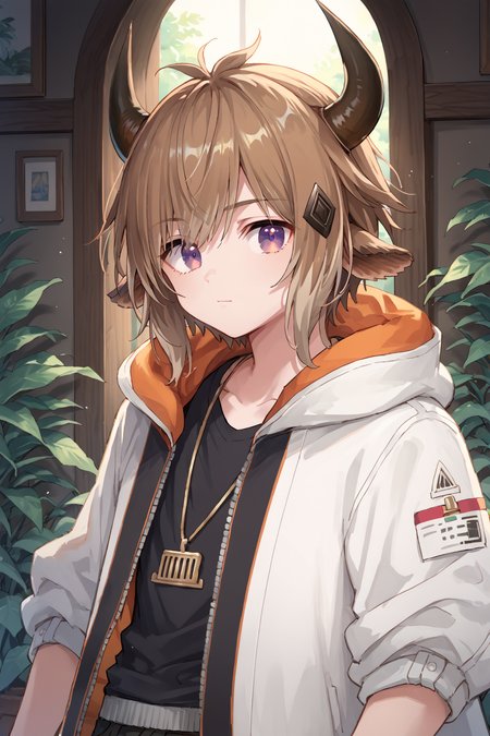 score_9, score_8_up, score_7_up, source_anime BREAK
1boy, solo, bison\(arknights\), cow ears, brown hair, cow horns, white jacket, purple eyes, looking at viewer, 
zPDXL3, cowboy_shot, <lora:bisonPony:0.8>