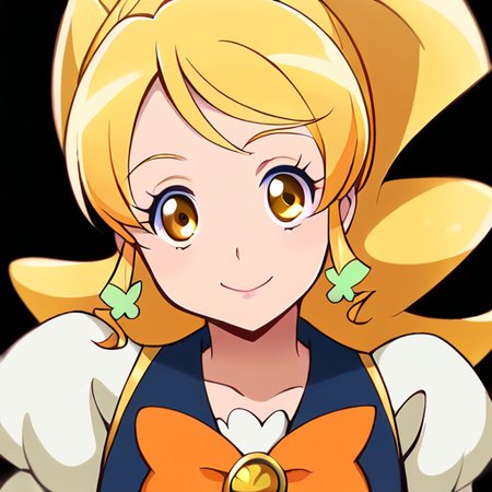 escore_9, score_8_up, score_7_up, score_6_up, masterpiece, perfect quality, perfect lighting,<lora:Yuko_Omori__Cure_Honey:1>,cure honey,gold eyes, thick wavy blonde hair, ponytail reaching chest, curled forelocks, styled bangs, green clover earrings,white blouse, short puffed sleeves, dark navy vest with gold details, yellow lapel, white ruffles trim, pale chiffon wings on back, orange and white ribbon with gold heart brooch, goldenrod skirt with ruffled trim, pale yellow sleeves with white frills, white knee-length boots with gold cuffs, orange bows on boots,smiling face, cool expression, sunglasses, confident smile, stylish look, laid-back vibe, charming appearance, sleek accessory, fashionable detail, exuding charisma