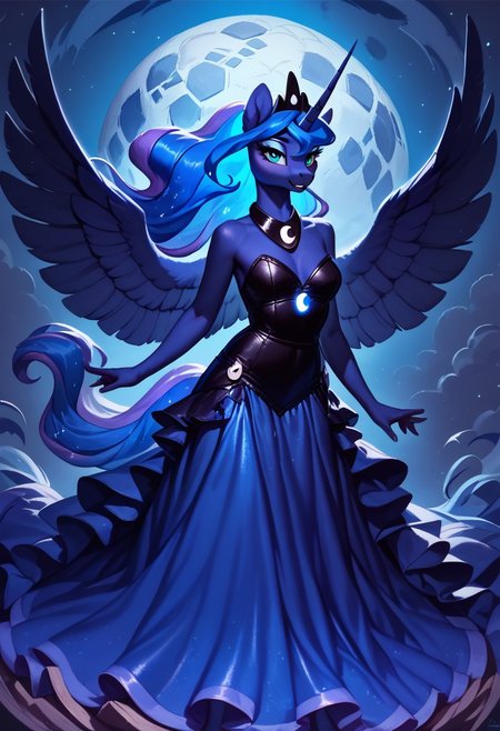score_9, score_8_up, score_7_up, score_6_up, realistic illustration, Princess Luna \(mlp\), anthro, curvy,  beautiful girl , moon royal regalia, long glowing galaxy hair, blue silky dress, glowing, (blue glowing night theme:1.3), big pegasus wings, tail, horn, cold expression, blue clouds