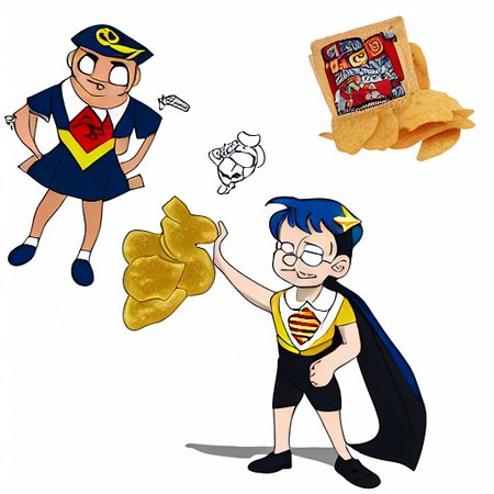 artist self-insert, suit, sailor collar, superhero, chips (food), black background, sun, shorts, uniform