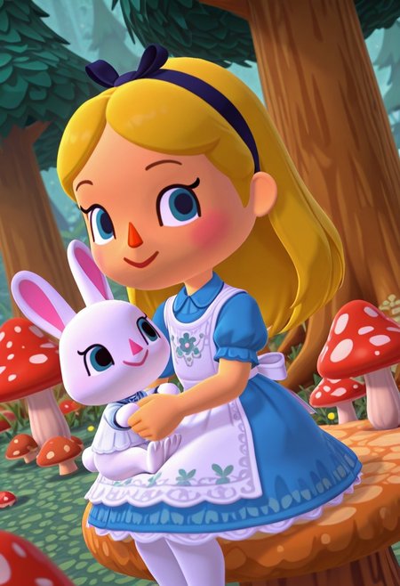 DisneyAlice, 1girl, blonde hair, blue eyes, long hair, hairband, looking at viewer,white apron, blue dress, puffy sleeves, white pantyhose, hairband,holding rabbit,white rabbit,mushrooms,tree,portrait,sitting,dutch angle,closeup,animal crossing style, 3d,