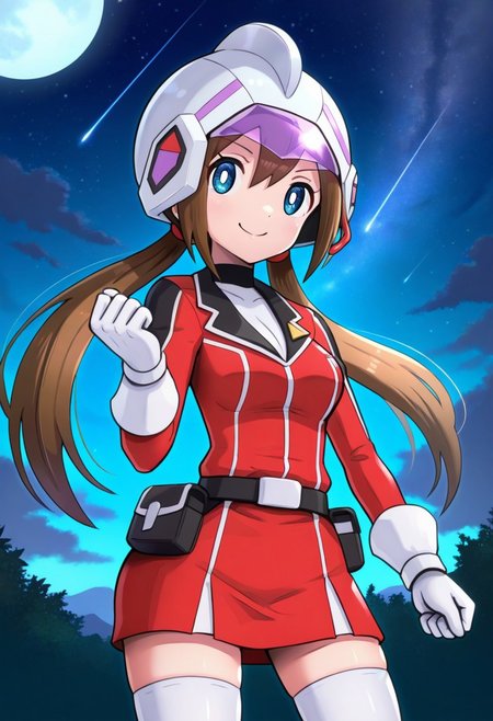 [hinosaki, pokemoa, gonzarez], 2d, masterpiece, best quality, amazing quality, 1girl, solo, close-up, standing, smile, upper body, cowboy shot,  looking at viewer, starry sky, clouds, night, caprosa, blue eyes, white pupils, brown hair, long hair, twintails, bangs, helmet, red jacket, long sleeves, white gloves, black belt, belt pouch, red skirt, zettai ryouiki, white thighhighs, clenched hands