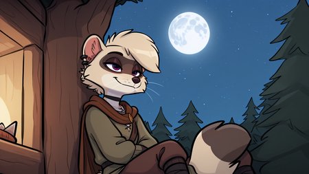 (detailed background:1.2), photorealistic, high quality, image depth, cinematic lighting, photorealistic, detailed shading, <lora:pony_good_hands:1>, solo, masterpiece, highest quality, detailed face, deep shadows, SFW, night setting, <lora:Beautiful Detailed Eyes:1> <lora:Detailed_eyes:1>, fluffy fur, (Brooke,1girl,solo,furry female,racoon girl,purple eyes,blonde hair,short hair,bangs,body fur,two tone fur,grey fur,white fur,tail,black choker,snout,animal nose,whiskers,earings,piercing, armless green top, anthro, fluffy, fluffy fur, paws, moon, trees, tunic, pants, cape, scarf, leg wrap),  <lora:Brooke_v01_ILXL:1>, (half closed eyes:1.2), (whittling a wooden spike:1.3), treehouse, score_9, score_8_up, score_7_up, score_6_up, score_5_up, score_4_up,
