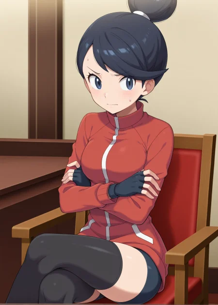 1girl,solo,masterpiece,best quality, anime screencap,pokemon hgss,
<lora:Ace_Trainer_HGSS_v1_IL:0.6>,AceTrainerHGSS,black hair,single hair bun, swept bangs,short hair,red track jacket,long sleeves,black thighhighs,fingerless gloves,bike shorts,
furrowed brow,sitting,chair, looking at object, indoors, sideways glance,closed mouth, crossed legs,sweatdrop, crossed arms