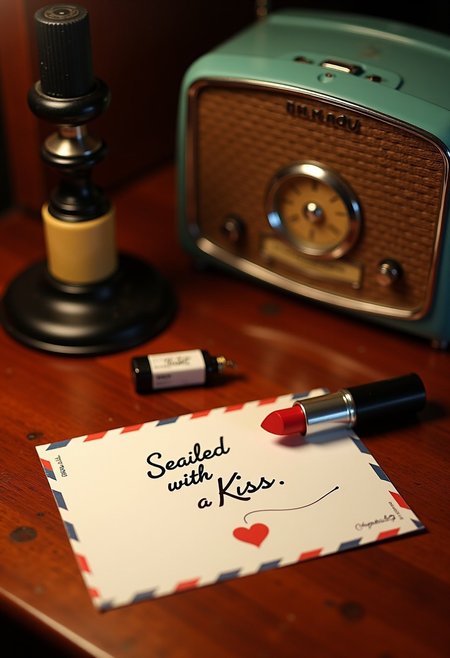 1950, “Sealed with a Kiss” on a postcard on a wooden writing desk, lipstick small hickey, vintage radio, aidmaTextImprover,