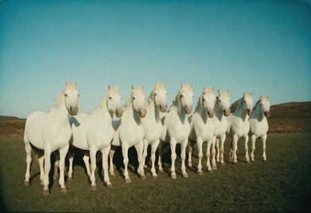 7 running white horses light projection in the style of polaroid film, holga 120n, juxtaposition of light and shadow, scene