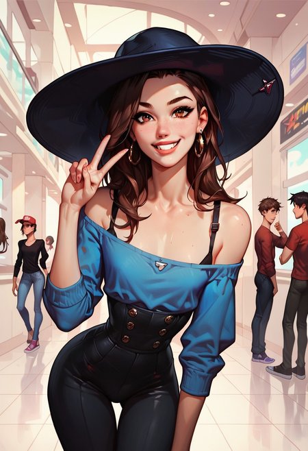score_9, score_8_up, score_7_up, g0thicPXL, Expressiveh, high quality, stunning, perfect eyes, detailed face, 1boy, solo, femboy, cute, brown eyes, brown hair, long straight hair, very straight hair, narrow shoulders, flat chest, thin waist, bottom heavy, hat, red oversized shirt, long sleeves, off the shoulder shirt, black pants, high waist pants, in public, mall, posing, modeling, bent over, hand raised up, V, wide smile,