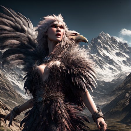 fking_scifi_v2, award winning portrait of a werecreature, close up, 80mm, f/1.8,
eagle headed woman wearing (feathered LnF dress:1.2),  
mountain background , <lora:LnF21:0.8>