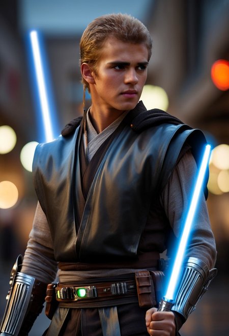 Anakin Skywalker, 18-years old, (((full-body))), blonde hair, bracers armor, jedi armor,holding a light saber, wide shot, (((full body)), street, Breathtaking, 8k resolution, extremely detailed, beautiful, establishing shot, artistic, hyperrealistic, ultra realistic render, extremely fine details, like-like render, cinematic lighting, dramatic volumetric lighting, masterpiece, light brazen, extremely detailed and beautiful face, 150mm, HDR10 <lora:Wowifier:0.69> <lora:Details:0.85>, starwars, in heavy raining futuristic  rooftop cyberpunk night, sci-fi, fantasy, intricate, very very beautiful, elegant, neon light, highly detailed, concept art, soft light, hdri, smooth, sharp focus