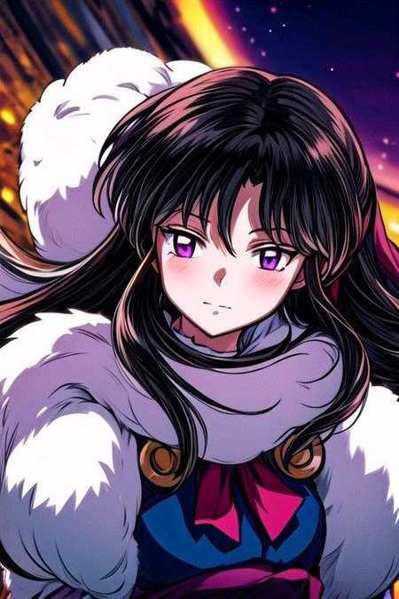 masterpiece,  best quality 1girl Setsun4 solo long hair,  (night time) forest background black hair very long hair purple eyes multicolored hair armor (fur trim) (medium body),<lora:EMS-179-EMS:0.800000>,<lora:EMS-293862-EMS:0.800000> bow, hair_bow, hair_tubes, red_bow, brown_hair, long_hair, bangs, ascot, frilled_bow, yellow_ascot, blush, smile, hair_between_eyes, athletic