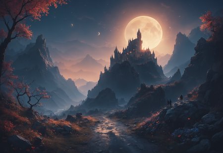 Gothic Landscape, mountains, curvy castle in the background, silhouetted cryptids with glowing eyes in the background, moon, glowing portal, midnight, darkness, a lonely road, scattered glowing colorful flowers,  horror, creepy, blue tones soft cinematic lights, highly detailed, sharp focus,  high contrast, saturated, digital painting, concept art, illustration, trending on artstation, dynamic lighting, by emylie boivin and rossdraws and karol bak and phil hale and ashley wood and, Magic realism painting art style, surreal compositions, vibrant colors, blurs the line between reality and fantasy <lora:add-detail-xl:1> <lora:MJ52:0.5>