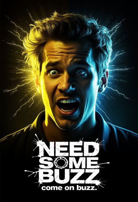 The poster for the film 'Need Some Buzz' features the main character's face in a dramatic close-up, surrounded by intense yellow and blue neon light. His face showed a tense and anxious expression, with eyes full of enthusiasm and determination. Visual elements include electric lines and digital glitch effects around the face, as if powerful energy is radiating from within. The background is dark with splashes of light and the title text is in a bold font that appears to crack and vibrate, as if symbolizing a thrill or uncontrollable rush of adrenaline. The tagline under the title, 'come on buzz' adds to the intense and energetic feel.