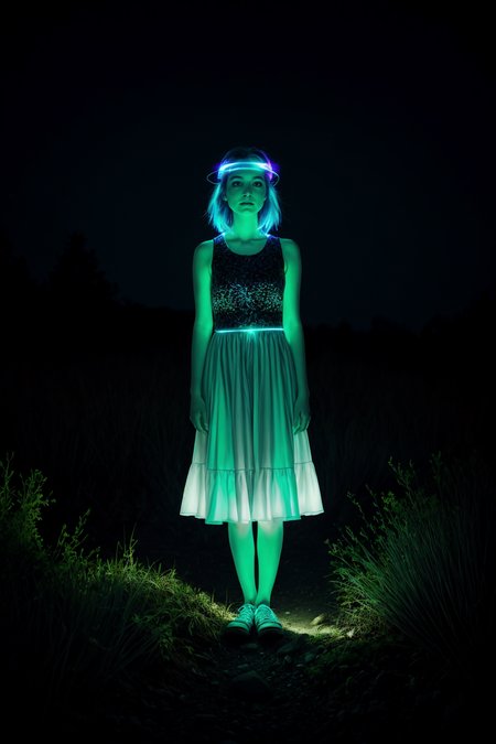 bioluminescent woman, outdoors, night, glowing, magical