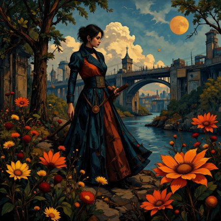 Cubism painting. Ground level wide angle view. 1950s theme. Full body. Old Russian wrinkled eldritch female Ringmaster building a tower in a arcane river delta setting. Intricate black and poppy-red and brass ebru details. Overall, the scene is wartorn and is very detailed. Dramatic lighting illuminates the scene from below. <lora:Charcoal01d_CE_FLUX_AIT:0.6> <lora:Paper_Marbling_Flux:0.5> <lora:아름답고_우아한_r1:0.6> <lora:midjourney_whisper_chromaplex_v1:0.6>