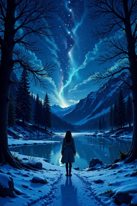 frozen lakeside, bright luminous starry night, woman, very intricate, very detailed, sharp, bright, colorful, <lora:Hand v2:0.5> <lora:Anti-Blur:1><lora:Insane Detail Slider:0.25>  <lora:flux.1_lora_flyway_Epic-detail_v2:0.3> <lora:fluxenhancer:0.25><lora:ck-Neon-Retrowave:0.4> ck-rw, in the style of ck-rw,  <lora:Neurocore Anime Cyberpunk:0.8> A digital artwork in the style of cknc