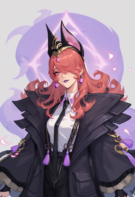 score_9, score_8_up, score_8, pretty girl, looking at the spectator, solo, fox ear headpiece, tie, pink eyes,sujuedaji,looking at viewer, purple lips, black necktie, jewelry,  jacket, white shirt,hair over one eye,