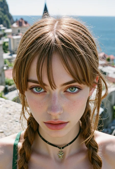 Polaroid wide angle photography of thin czech 1girl, 21yo, with light green eyes and thin lips seen in a top model pose. She has textured auburn braided hair with bangs and makeup featuring shades of red and stylish mascara, wearing The look is topped off with a charm necklace as well as earrings. Set on the edge of a cliff overlooking the urban village, on a sunny spring noon. With soft multi-color lighting, professional edit, dynamic angle   <lora:flux_skinny_slider> <lora:flux_UltraRealPhoto>