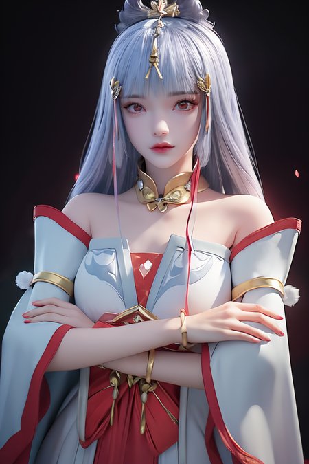 breathtaking <lora:Taiyinyutu:1>,taiyinyutu, 1girl, red eyes, solo, long hair, jewelry, black background, bracelet, crossed arms, bangs, dress, white hair, gold neckwear, clothes gold decoration, clothes patterns, detached sleeves, red ribbon, white pom-poms, hair ornament, simple background, red nails, blunt bangs, blue hair, wide sleeves, very long hair, nail polish, upper body, closed mouth, silver flower, best quality , masterpiece, illustration, an extremely delicate and beautiful, extremely detailed ,CG,unity,8k wallpaper, Amazing, finely detail, masterpiece, best quality,official art,extremely detailed CG unity 8k wallpaper,absurdres, incredibly absurdres, huge filesize , ultra-detailed, highres, extremely detailed,beautiful detailed girl, extremely detailed eyes and face, beautiful detailed eyes,light on face, . award-winning, professional, highly detailed