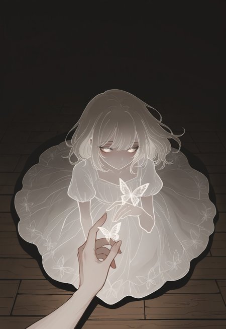 Solo, ethereal, detailed, halfturned, melancholic,

dark background, wooden floor, 

pov, female hand, butterfly_on_hand, white dress, 

masterpiece, best quality,  very aesthetic, absurdres, newest, 