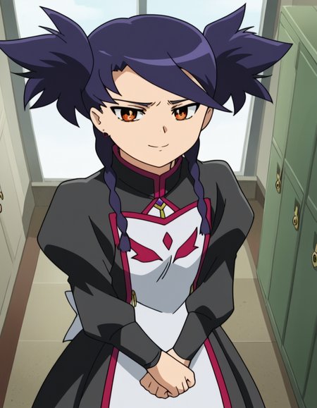 score_9, score_8_up, score_7_up, source_anime, <lora:nina-wang-s1-ponyxl-lora-nochekaiser:1>, nina wang, bangs, twintails, purple hair, braid, twin braids, orange eyes, anime screencap,, long sleeves, dress, jewelry, earrings, puffy sleeves, black dress, juliet sleeves,, school hallway, lockers, between classes, everyday life, smile, from above,, looking at viewer, solo,, dutch angle, cowboy shot