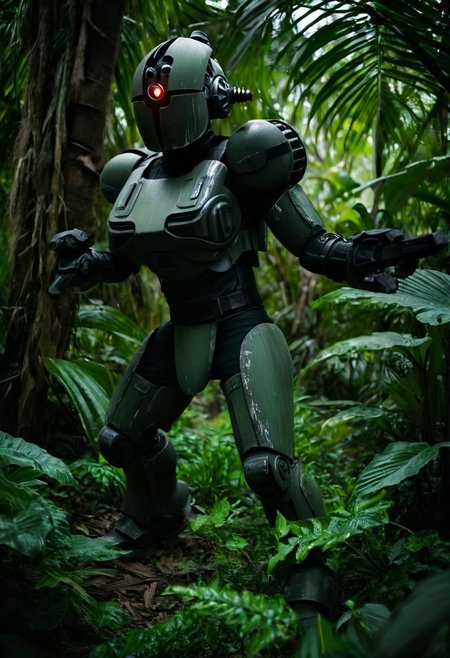easynegative, extremely detailed, dark, chiaroscuro, low-key, AssaultronCosplay, a green and black tiger striped assaultron robot in the jungles of vietnam