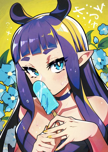 ninomae ina'nis, 1girl, virtual youtuber, popsicle, food, long hair, pointy ears, solo, sidelocks, mole under eye, bangs, purple hair, tentacle hair, multicolored hair, orange hair, gradient hair, blunt bangs, flower, mole, looking at viewer, blue flower, blue eyes, holding, very long hair, holding food, blush, eating, upper body, choker, animal ears
by  hata