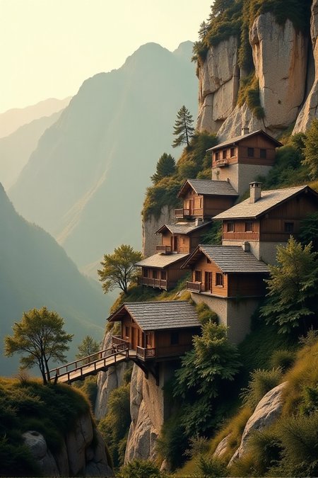(((a village built into the side of a mountain, with wooden bridges connecting various parts of the town.))), Soft Beige, Cozy Comfort: warm lighting, beige tones, soft focus, cozy ambiance, comforting elements, gentle textures, tranquil look, cozy atmosphere, comforting aesthetics, capturing emotions, serene scenes, artistic feel, storytelling through textures, professional technique, gentle light manipulation, cozy concept, comforting styling, tranquil environment, surreal aesthetics, captivating narratives, intricate details, cozy landscape, editorial storytelling, warm glows, evoking comfort, pushing creative vision <lora:add-detail-xl:2> <lora:Cosine_freck:1>âââ