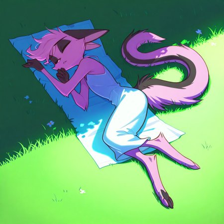 1girl,solo,furry,pink fur,tail,ears,source_furry,
,<lora:Viriathus_Vayu_illustrious:0.8>,
masterpiece, child, kid, 
grass, laying, sleeping, summer, outside, messy hair, white summer dress,