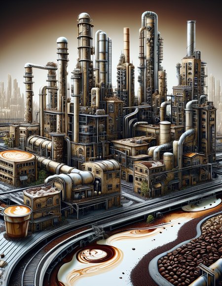 ((best quality)), ((masterpiece)), ((realistic,digital art)), (hyper detailed),DonMC0ff33Ch0c, Industrial City, organic, irregular shapes , <lora:DonMC0ff33Ch0c_XL-000009:1.0>