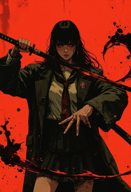 A hyper-detailed, full-body digital illustration in the style of cksc, depicting JunjiIto.hanna, an eerie girl with long, dark bangs and an intense, vacant expression. Her half-closed eyes, devoid of pupils, lock hauntingly onto the viewer. She wears a traditional Japanese school uniform beneath an oversized dark overcoat, the heavy fabric shifting as she draws a katana in a fluid, frozen moment. The blade releases sharp arcs of dark crimson splashes, darker than the surrounding background, each streak rendered with intricate, lifelike textures. The blood appears thick and heavy, deep red at its core, fading into a vivid, darker red at the edges, creating a surreal yet hyper-realistic sense of motion. Small droplets scatter in chaotic patterns, enhancing the impact of her lethal swing. Captured from a high-angle perspective, the illustration accentuates her presence, making her appear both diminutive and overwhelmingly ominous. The crimson background contrasts starkly with the dark fluid arcs, amplifying the intense, eerie atmosphere. The unsettling balance of stillness and movement creates a surreal, dramatic moment, blending horror and dark fantasy into a visually striking composition.