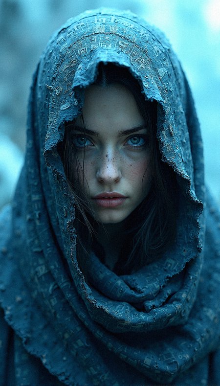 Envision a close-up portrait of a female figure wrapped in ancient, hieroglyph-covered cloth, surrounded by a cold, polygonal blue background. The fabric is aged, with cobwebs adorning its edges, and each hieroglyph is meticulously detailed, adding layers of mystery to the figure. Only their eyes are visible, emanating an otherworldly presence that contrasts sharply with the sharp, crystalline facets of the background. The blue gradient ranges from icy whites to deep navy, giving a sense of an endless, frozen landscape. The detailed textures of the fabric and the clarity of the background facets make the scene feel tangible, as if the figure were a relic preserved within a digital prism. This fusion of ancient and modern aesthetics invokes a haunting and futuristic atmosphere, a glimpse into a world where the past is locked within an icy, geometric void.


