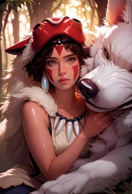 score_9, score_8_up, score_7_up,  1girl, San(/Princess Mononoke)/,(ultra HD quality details), pale skin, brown hair, facepaint, brown eyes, short hair, mask on head,
shiny skin, eye contact, fur cape, crystal necklace, sleeveless_shirt,
tilted angle, moody lighting, p3tl0v3, white wolf, hugging white wolf, dim lighting, medieval fantasy, perfect quality, high quality, photorealistic, sitting BREAK orange and blue hue, (abstract:0.2), expressiveH