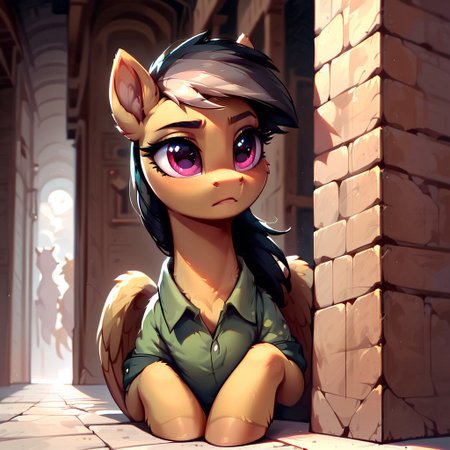 masterpiece, score_9, score_8_up, score_7_up, (best quality:1.1), ultra-detailed, high resolution, 1 girl, solo, pony, highly detailed macro illustration,  Daring Do, pegasus pony, pony, Daring Do, feral, female, mare, cute, long eyelashes, (((beautiful detailed eyes))), Long eyelashes, fluffy, ear fluff, long eyelashes, (cornering), taking cover, spying, ancient stone wall, Highly Visible, (((8k))), sharp focus, perfect lighting, anatomically correct, extremely detailed, shine on body, (ancient tomb), high detail, cute face, Expressiveh, detailed background, OverallDetail, zPDXL2, <lora:Corneringv1:0.8>
