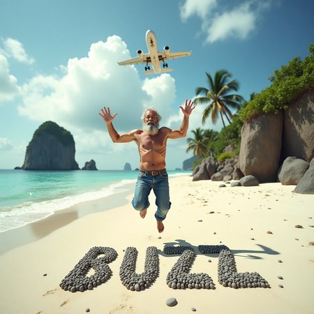 aerial view. a realistic photography featuring a scenario set on a small remote desert tropical island. (The scene is takebn from above a rescue plane:1.4). it includes a shirtless bearded scraggly old man in blue jeans jumping up and down on the sandy beach, his arms raised in excitement or distress. On the beach, hundreds of small pebbles are arranged to spell out "BUZZ".  The island is lush with a few palm trees and large mysterious gray rock formations in the background.