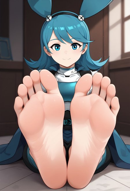 score_9, score_8_up, score_7_up, score_6_up, score_5_up, score_4_up, source_anime, BREAK, (masterpiece:1.4), (best quality:1.2), expressive eyes, perfect face, perfect anatomy, accurate anatomy, perfect feet, perfect soles, 1 girls, feet, soles, toes, foot focus, front view, smile, cute expression, clean feet, sitting, hands on ground, showing feet, barefoot,  PONYXL_WaifuFeetPics_ownwaifu, feet, perfect feet, soles, 4 toes in left foot, 4 toes in right foot, perfect anatomy, accurate anatomy, foot focus, feet, toes, sitting, Jenny wakeman, white skin, blue hair, blue skirt, blue top, robot girl, Female_Corrin_(cosplay), black hairband, armored dress, armored pants, blue cape, puffy sleeves, juliet sleeves, vambraces, black gloves, barefoot, feet together, close up, feet close up