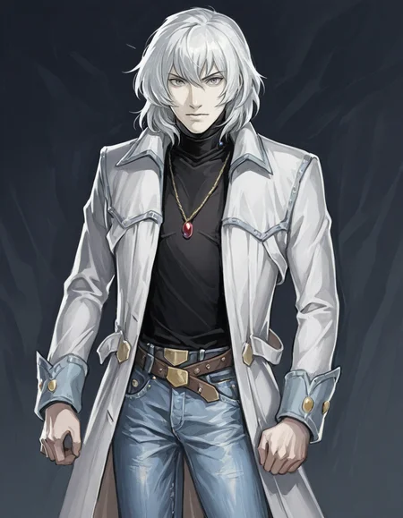 solo, 1boy, male focus, jewelry, belt, coat, denim, pants, jeans, necklace, turtleneck, white hair, grey eyes, pendant, soma cruz <lora:Soma_Cruz_Castlevania_Aria_of_SorrowIllustrious:1>  <lora:Dark_Fantasy_1.5_IL:0.8> DFAV1.5