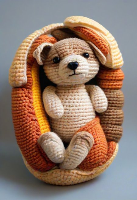 dog sleeping in hotdog bun, by saint exupery, crocheted style