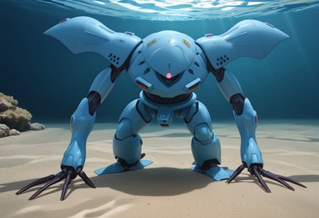 score_9, score_8_up, score_7_up, source_anime, front view, BREAK,  ( hygogg, blue_hygogg_armor, pink monoeye, looking at viewer, leaning forward, long arms, very long arms, long claws) 1mech, blue mech, wide mech, large shoulders, large shoulder armor, mech focus, solo, BREAK, two arms, swimming, underwater, river, small fish,