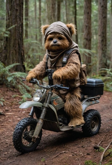 A full body photo of an Ewok on Endor, it's carrying an Uzi and riding an ATV, 
It looks cute and adorable yet fierce at the same time, The Ewok equivalent of Rambo, funny, 
highest quality, exceptional accuracy and realism,