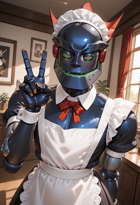masterpiece, best quality, amazing quality, very aesthetic, m3g4byt3, 1boy, humanoid robot, masculine, upper body, blush, maid dress, maid headdress, solo, v, indoors