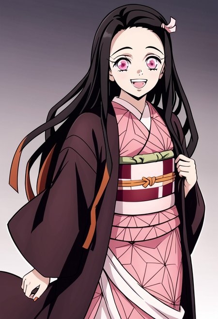 Kamado_Nezuko, pink kimono, red and with obi, happy, looking at the viewer