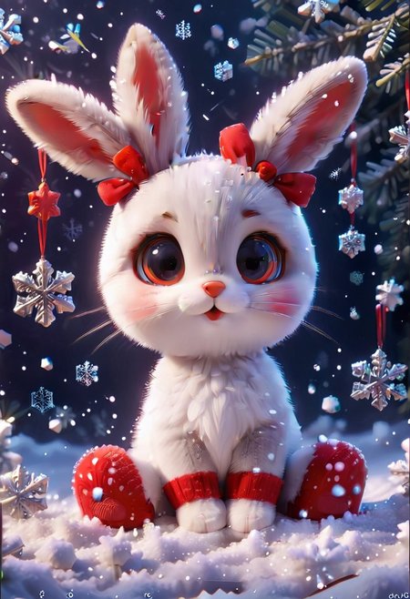 Festive, snowflake, little rabbit, long ears, red nose, close-up, snowflakes floating, Christmas stockings, solo, cute and cuddly